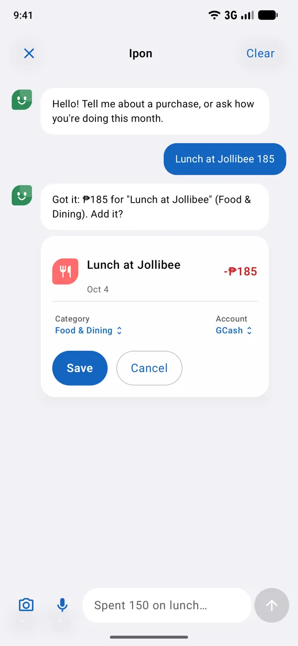 Iponance on Android: logging lunch by chatting with the assistant