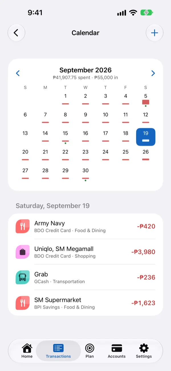 Calendar of spending with the expenses for one day listed below it