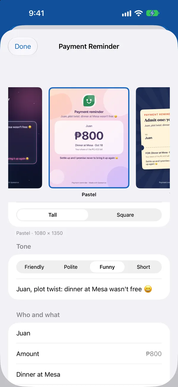 Payment reminder card for Juan in the Pastel design with the Funny tone: “Juan, plot twist: dinner at Mesa wasn’t free”, with the Night and Ticket designs beside it