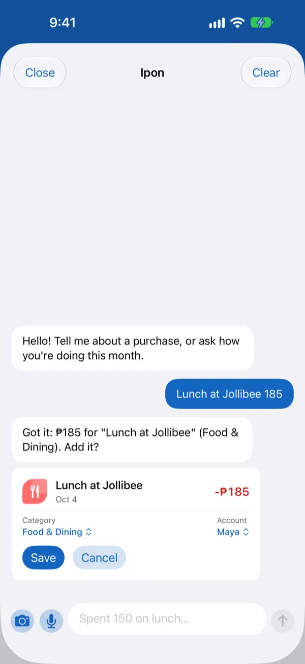 Chatting with the assistant: “Lunch at Jollibee 185” becomes a ready-to-save expense