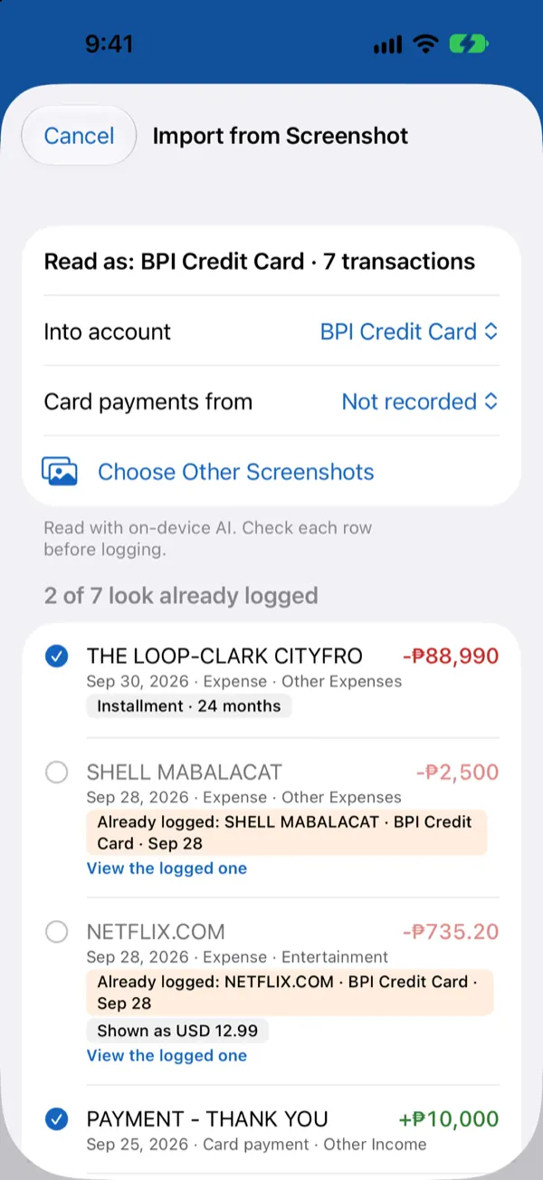 Import from Screenshot: transactions read from a credit card app, with the ones already logged flagged