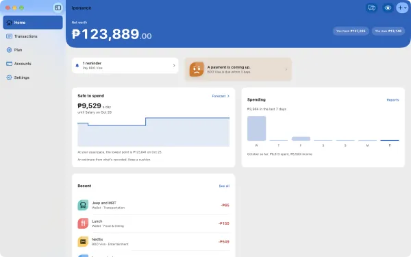 Iponance on the Mac: net savings, safe to spend, the week’s spending and recent transactions in one window
