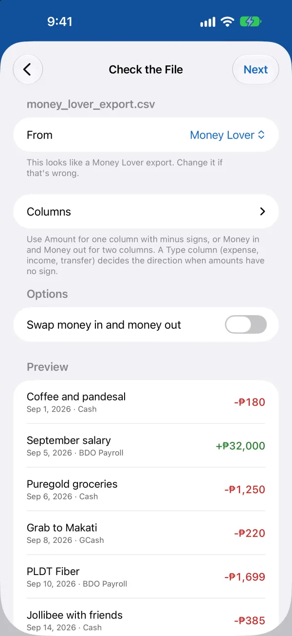 Import from Another App checking a Money Lover export: where it came from, its columns and a preview of the transactions