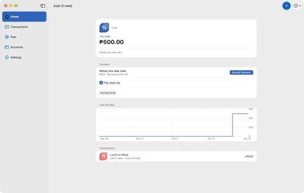 Iponance on the Mac: Juan (I owe), ₱500 you owe Juan for Lunch at Mesa, with “Pay back by” ticked and set to Oct 30, and Record Payment beside “₱500 · Pay back by Oct 30”