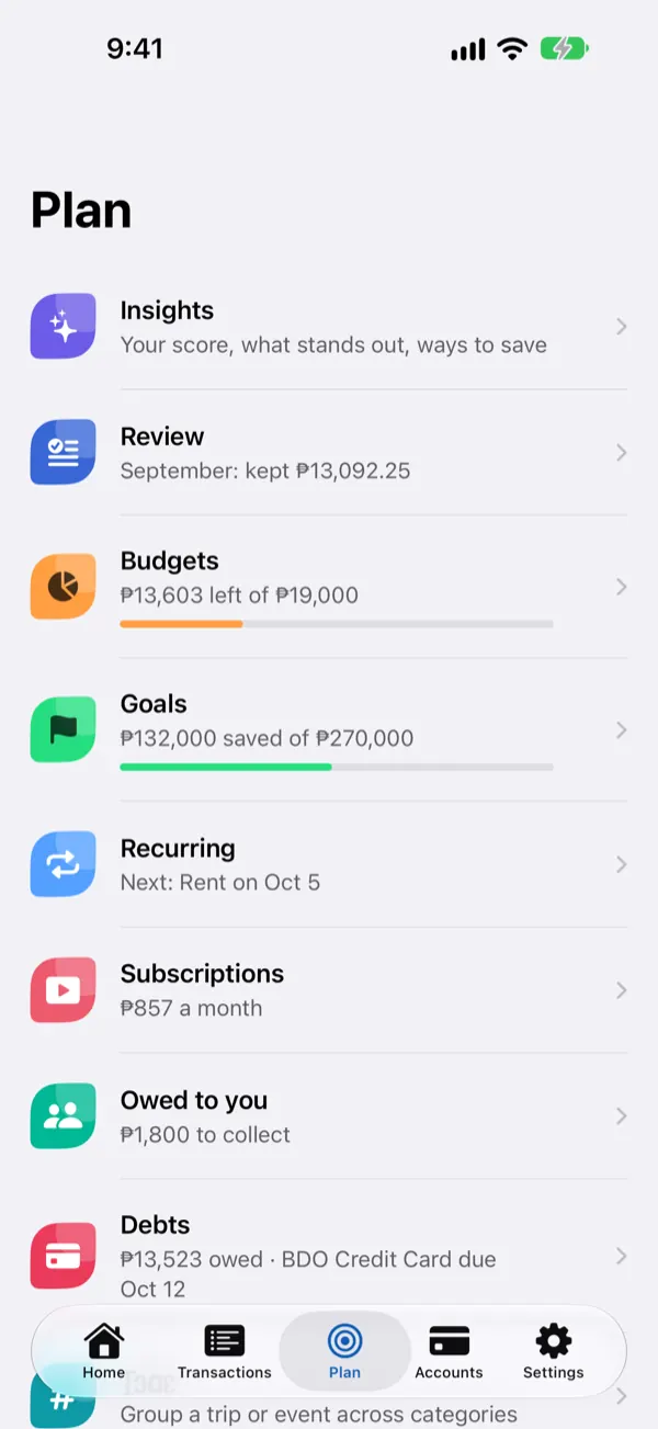Plan tab: insights, a look back at last month, budgets, goals, recurring bills, subscriptions, money owed to you and debts