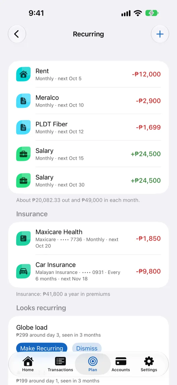 Recurring payments: rent, electricity, internet, salary and insurance with their next due dates