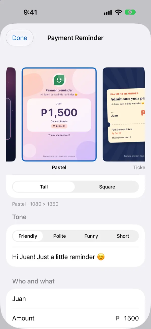 Payment reminder card builder with templates and a friendly, polite, funny or short tone