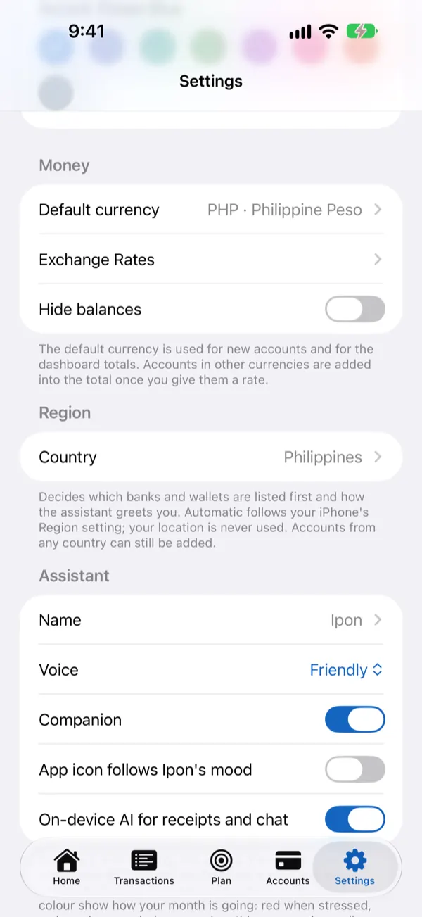Settings: default currency, exchange rates, Hide Balances, the assistant’s name and on-device AI