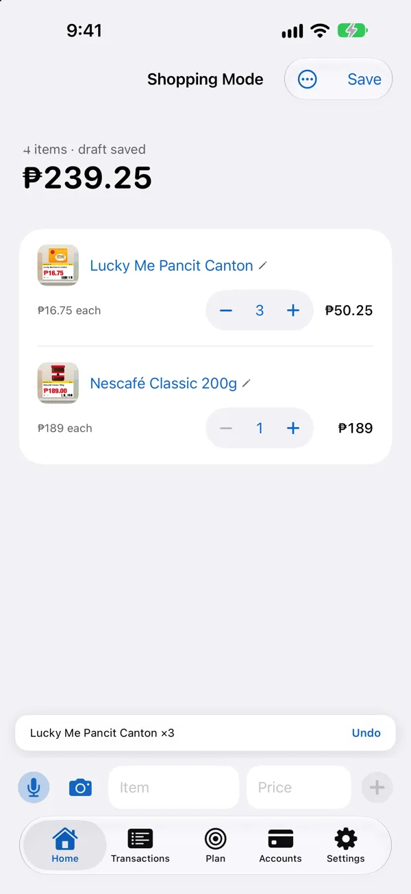 Lucky Me Pancit Canton snapped again: its quantity goes up to 3, the total follows, and “Lucky Me Pancit Canton ×3 · Undo” shows at the bottom