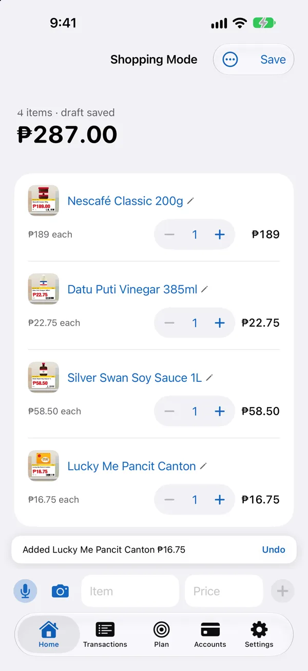 Shopping Mode after snapping four price tags: Nescafé Classic, Datu Puti Vinegar, Silver Swan Soy Sauce and Lucky Me Pancit Canton, each with its photo, price, − and + and line total, and “Added Lucky Me Pancit Canton ₱16.75 · Undo”