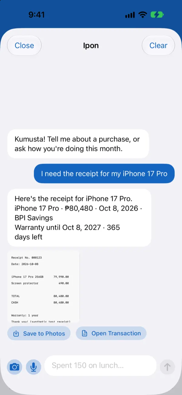 The assistant finds the receipt for an iPhone, with the warranty end date and days left